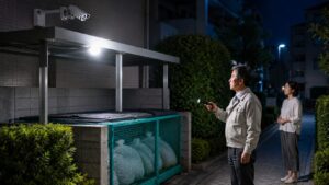 夜間のゴミ捨て場を照らすセンサーライトと防犯カメラを確認する管理者