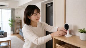 一人暮らしの部屋で棚の上に工事不要の防犯カメラを設置する女性