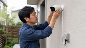 日本人男性がコンセント式屋外防犯カメラの設置位置を確認している様子
