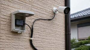 屋外防犯カメラのACアダプターを防水ボックスで保護した設置例