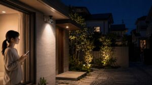 夜間にコンセント式屋外防犯カメラで玄関まわりを見守る住宅のイメージ