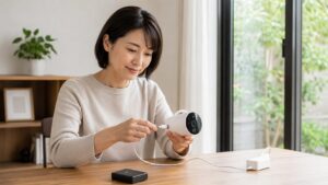 日本人女性が充電式防犯カメラの電池を室内で充電している様子