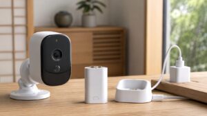 充電式防犯カメラの本体とバッテリー充電ドックを並べた比較イメージ