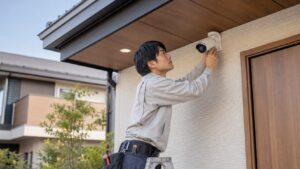 新築住宅の外壁に防犯カメラを取り付ける日本人作業員