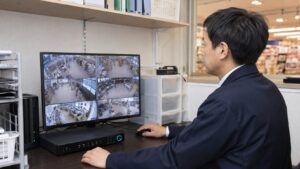 店舗事務所で録画機とモニターを使い防犯カメラ映像を確認している様子