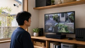 室内モニターで屋外防犯カメラの録画映像を確認する日本人男性