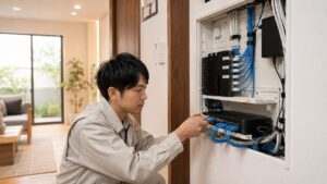 新築住宅の情報盤で防犯カメラのLAN配線を整理する日本人作業員
