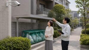 共用部のゴミ捨て場で防犯カメラの撮影範囲を確認する住民と管理担当者