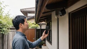 日本の住宅でスマホを使って屋外防犯カメラの映像を確認する男性