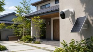 ソーラーパネル付きバッテリー式防犯カメラを屋外住宅に設置した様子

ファイル名：