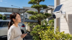ソーラーパネル付き屋外防犯カメラを駐車場に設置して確認する日本人女性