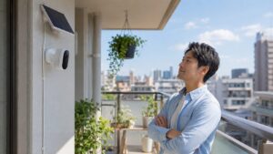 ベランダにソーラーパネル付き防犯カメラを設置し、配線不要の使いやすさを確認する日本人男性