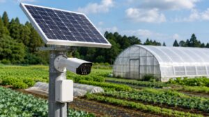 ビニールハウス横の農地に設置した太陽光発電対応の屋外防犯カメラ