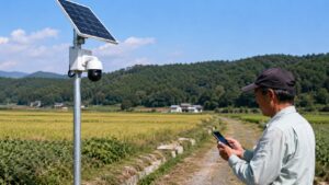 畑や農地に設置されたSIM対応ソーラー防犯カメラをスマホで確認する日本人男性