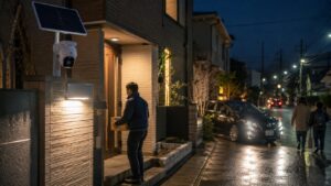 夜間の玄関前で動作するソーラー式防犯カメラと人通りのある住宅街