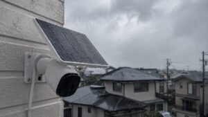 雨の日に水滴が付いた太陽光パネル付き防犯カメラと曇天の住宅街