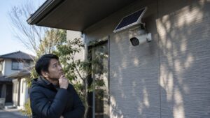 日陰の外壁に設置されたソーラー式防犯カメラを見上げる日本人男性