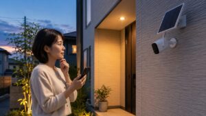 夕暮れの玄関でソーラー防犯カメラをスマホ確認する日本人女性