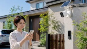スマホでソーラー防犯カメラの映像を確認する日本人女性