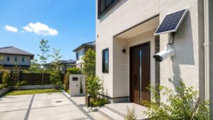 日当たりの良い屋外に設置されたソーラー式防犯カメラと住宅の玄関