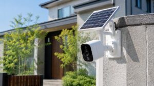 ソーラーパネル付き防犯カメラを屋外の住宅壁に設置した様子