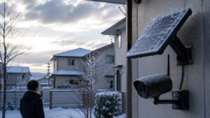 雪が積もった太陽光パネル付き防犯カメラと冬の住宅街