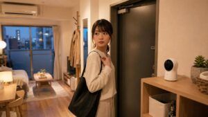 一人暮らしの玄関に室内防犯カメラを設置し、帰宅時の不安を確認する女性