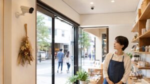 店舗入口に設置された防犯カメラと店内を確認する日本人スタッフ