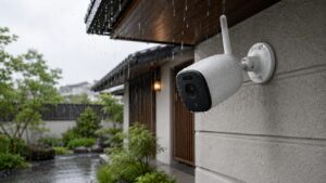 雨の日の屋外で防水性能を備えたバッテリー式防犯カメラ