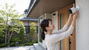 玄関先でワイヤレス屋外防犯カメラを調整する日本人女性