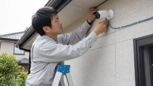 日本人作業員が屋外で有線防犯カメラの配線を設置している様子