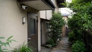 勝手口付近に設置された有線防犯カメラが住宅の裏側を見守る様子