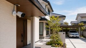 有線防犯カメラを玄関付近に設置した日本の戸建て住宅の外観